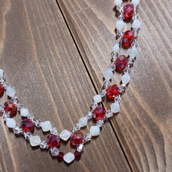 New,Crystal Necklace and earrings, Red , white and clear crystals double strand - Picture 5 of 5